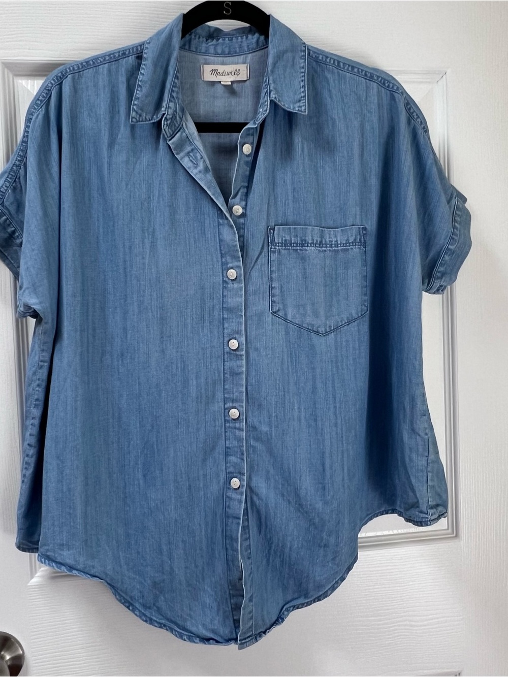 Madewell Women's Chambray Denim Short Sleeve Button Down Shirt Size Small